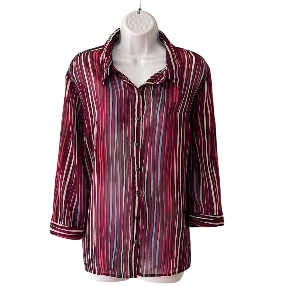 Attention Plus Women's 1X Striped Button-Up Blouse Multicolor 3/4 Sleeve - Picture 1 of 5